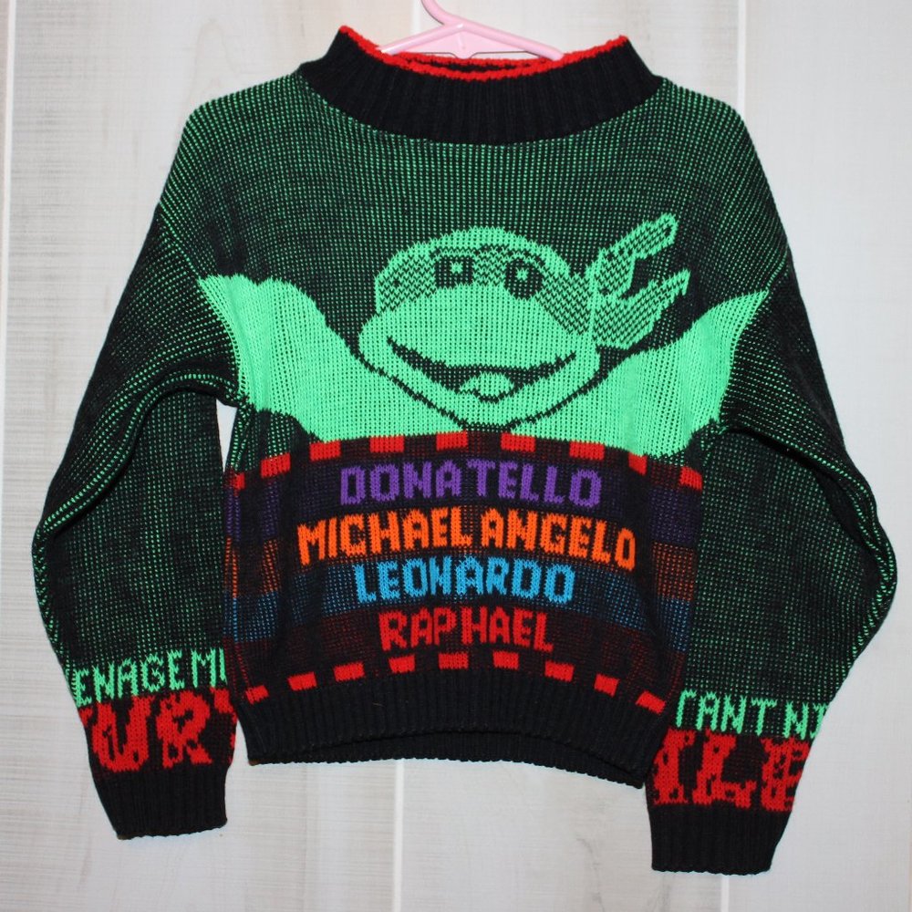 Vintage 1990 Black Knit Multicolored TMNT Turtle Boys Sweater